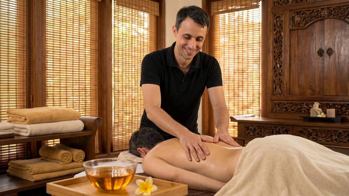Massage balinais Urut Pijat à l'huile — geste enveloppant et chaleureux, formation MRAUK-U à Vergèze