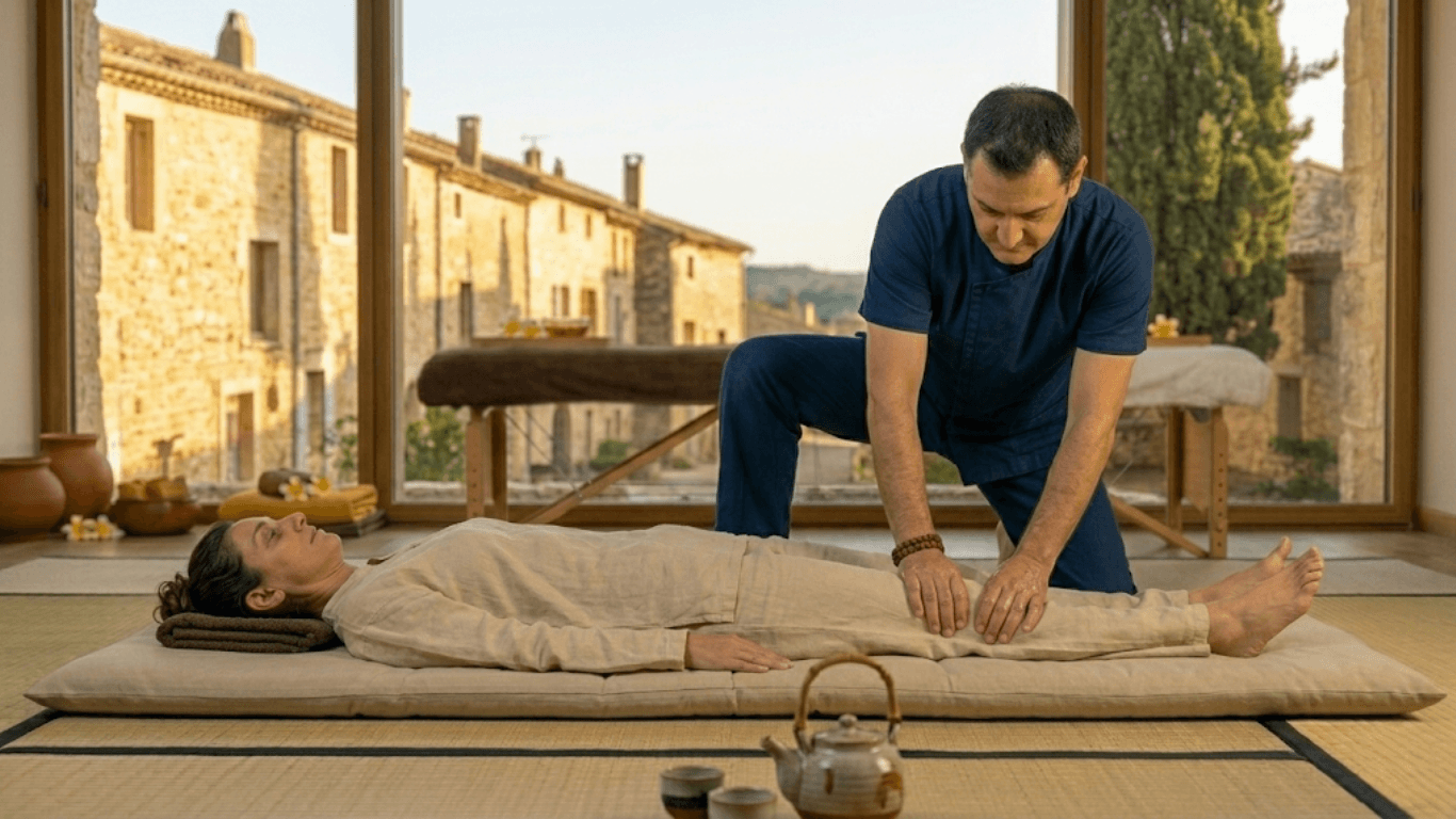 Pratique du Shiatsu bien-être au sol pendant la formation MRAUK-U